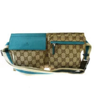 Gucci Sherry Waist Pouch Clutch Bag GG Brown Blue Canvas Leather